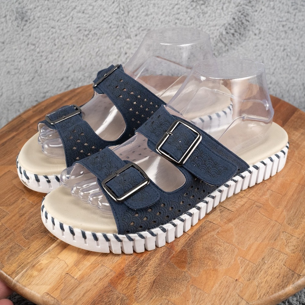 Ilse Jacobsen Hornbæk Tulip Indigo Blue Double Buckle Slide Sandals Womens 8.5 - Picture 3 of 5
